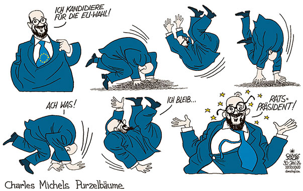 Oliver Schopf, politischer Karikaturist aus Österreich, politische Karikaturen aus Österreich, Karikatur Cartoon Illustrationen Politik Politiker Europa 2024: EU EUROPÄISCHE UNION WAHL CHARLES MICHEL RATSPRÄSIDENT KANDIDATUR PURZELBAUM PURZELN STÜRZEN 



 















