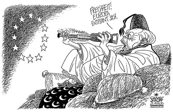 Oliver Schopf, politischer Karikaturist aus Österreich, politische Karikaturen aus Österreich, Karikatur Cartoon Illustrationen Politik Politiker Europa 2016 : TÜRKEI ERDOGAN PASCHA SULTAN FERNROHR EU EUROPA STERNE ENTFERNEN

