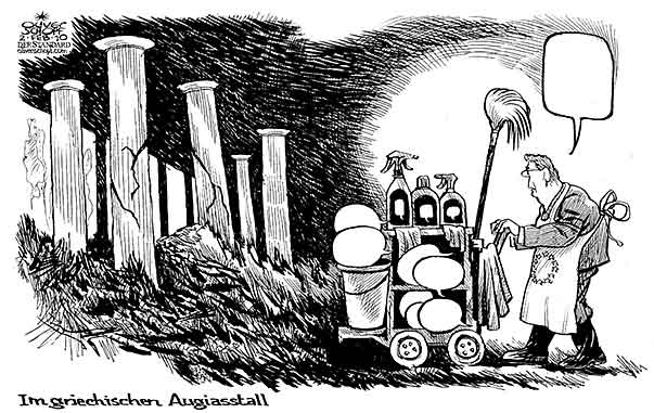 Oliver Schopf, politischer Karikaturist aus Österreich, politische Karikaturen aus Österreich, Karikatur Illustrationen Politik Politiker Europa 2010: Eu griechenland staatsbankrott augiasstall putzen raumpfleger sprechblase
   