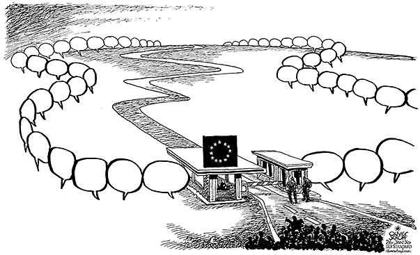 Oliver Schopf, politischer Karikaturist aus Österreich, politische Karikaturen aus Österreich, Karikatur Cartoon Illustrationen Politik Politiker Europa 2016 : EU EUROPÄISCHE UNION REFUGEES FLÜCHTLINGSKRISE ASYL EINWANDERUNG SCHENGEN GRENZSICHERUNG SCHUTZ AUSSENGRENZE SPRECHBLASE







