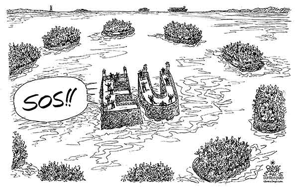 Oliver Schopf, politischer Karikaturist aus Österreich, politische Karikaturen aus Österreich, Karikatur Cartoon Illustrationen Politik Politiker Europa 2015 EU FESTUNG FLUECHTLINGE MITTELMEER BOOT SOS SEENOT ASYL ERTRINKEN 



