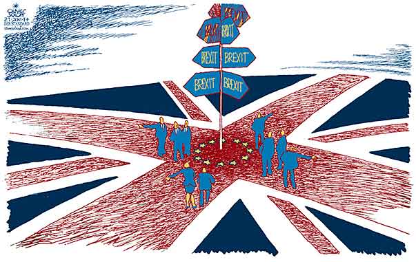  Oliver Schopf, politischer Karikaturist aus Österreich, politische Karikaturen, Illustrationen Archiv politische Karikatur Europa Great Britain UK England Schottland Irland Brexit 2017 EU EUROPÄISCHE UNION GROSSBRITANNIEN BREXIT AUSTRITT VERHANDLUNGEN WEGWEISER UNION JACK 


