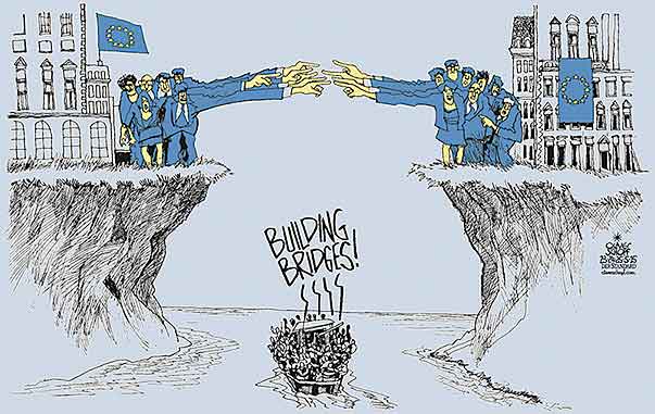 Oliver Schopf, politischer Karikaturist aus Österreich, politische Karikaturen aus Österreich, Karikatur Cartoon Illustrationen Politik Politiker Europa 2015 EU FLUECHTLINGE BOOT MITTELMEER
EUROVISION SONG CONTEST BUILDING BRIDGES EINWANDERUNG IMMIGRATION 






