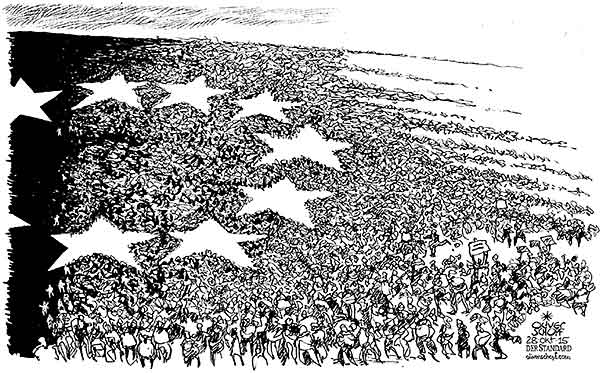 Oliver Schopf, politischer Karikaturist aus Österreich, politische Karikaturen aus Österreich, Karikatur Cartoon Illustrationen Politik Politiker Europa 2015 : EU EUROPA FAHNE STERNE EINWANDERUNG FLÜCHTLINGE BALKANROUTE VERÄNDERUNG WANDLUNG 

