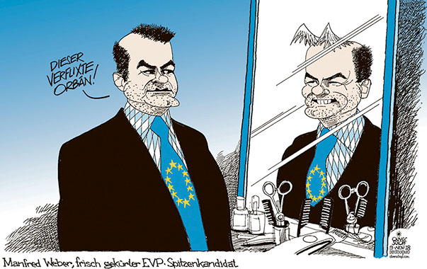 Oliver Schopf, politischer Karikaturist aus Österreich, politische Karikaturen aus Österreich, Karikatur Cartoon Illustrationen Politik Politiker Europa 2018 EUROPA WAHLEN EU EVP EUROPÄISCHE VOLKSPARTEI MANFRED WEBER SPITZENKANDIDAT KOMMISSION PRÄSIDENT FRISUR HAARSCHNITT VIKTOR ORBAN PARTEIFREUND PROBLEME
