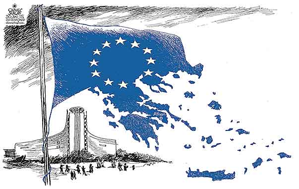 Oliver Schopf, politischer Karikaturist aus Österreich, politische Karikaturen aus Österreich, Karikatur Cartoon Illustrationen Politik Politiker Europa 2015 EU FAHNE FLAGGE STERNE GRIECHENLAND KARTE GEOGRAPHIE EUROPAEISCHE KOMMISSION EURO KRISE






