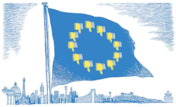 Oliver Schopf, politischer Karikaturist aus Österreich, politische Karikaturen aus Österreich, Karikatur Cartoon Illustrationen Politik Politiker Europa 2016 : EU FLAGGE FAHNE PROTEST DISLIKE DAUMEN RUNTER UNZUFRIEDENHEIT SEPARATISMUS EUROPA POPULISMUS







