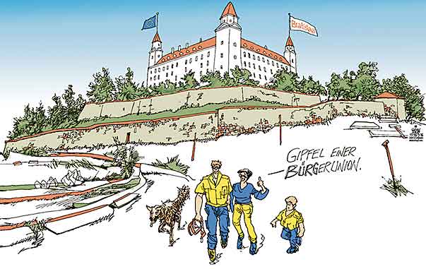 Oliver Schopf, politischer Karikaturist aus Österreich, politische Karikaturen aus Österreich, Karikatur Cartoon Illustrationen Politik Politiker Europa 2016 : EU GIPFEL BRATISLAVA FLÜCHTLINGE REFUGEES MIGRATION MAUER ZAUN GRENZE BURG BRATISLAVA





