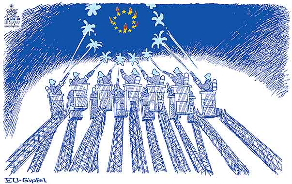 Oliver Schopf, politischer Karikaturist aus Österreich, politische Karikaturen aus Österreich, Karikatur Cartoon Illustrationen Politik Politiker Europa 2016 : EU GIPFEL RAT BRÜSSEL FEUERWEHR STERNE BRAND FEUER LÖSCHEN FEUERWEHRMÄNNER EINSATZ 
