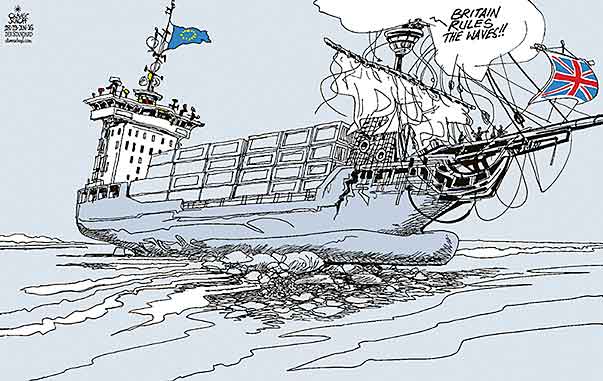 Oliver Schopf, editorial cartoons from Austria, cartoonist from Austria, Austrian illustrations, illustrator from Austria, editorial cartoon politics politician Europe, Cartoon Arts International, New York Times Syndicate, Cagle cartoon 2016 : GREAT BRITAIN EU BREXIT REFERENDUM LEAVE REMAIN BRITANNIA RULES THE WAVES VESSEL SHIP SHORE GROUND SAND






