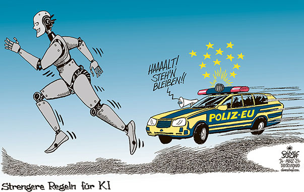 Oliver Schopf, politischer Karikaturist aus Österreich, politische Karikaturen aus Österreich, Karikatur Cartoon Illustrationen Politik Politiker Europa 2024: EU EUROPÄISCHE UNION KI KÜNSTLICHE INTELLIGENZ STRENGERE REGELN POLIZEI AUTO VERFOLGUNGSJAGD RENNEN 



 















