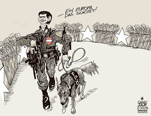 Oliver Schopf, politischer Karikaturist aus Österreich, politische Karikaturen aus Österreich, Karikatur Cartoon Illustrationen Politik Politiker Europa 2018 EU RATSPRÄSIEDENTSCHAFT SEBASTIAN KURZ AUSSENGRENZE GRENZSCHUTZ MIGRATION FLÜCHTLINGE REFUGEES ASYL ZAUN PATROULLIEREN POLIZEIHUND

