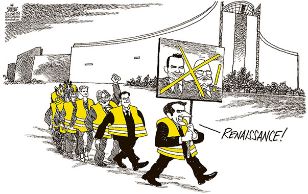 Oliver Schopf, editorial cartoons from Austria, cartoonist from Austria, Austrian illustrations, illustrator from Austria, editorial cartoon politics politician Europe, Cartoon Arts International, New York Times Syndicate, Cagle cartoon 2019 EU ELECTIONS COMMISSION PRESIDENT CANDIDATES WEBER TIMMERMANS RENAISSANCE MACRON RUTTE VERHOFSTADT VESTAGER YELLOW VESTS 
