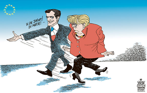 Oliver Schopf, politischer Karikaturist aus Österreich, politische Karikaturen aus Österreich, Karikatur Cartoon Illustrationen Politik Politiker Europa 2018 EU ZUKUNFT EN MARCHE MACRON MERKEL RÜCKZUG PARTEIVORSITZ CDU KANDIDATUR VERZICHT    
