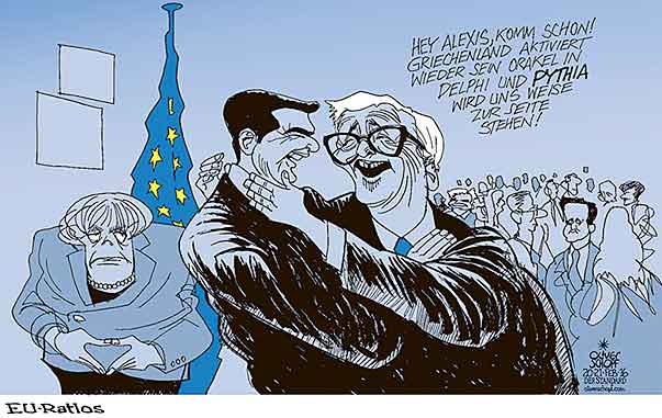 Oliver Schopf, politischer Karikaturist aus Österreich, politische Karikaturen aus Österreich, Karikatur Cartoon Illustrationen Politik Politiker Europa 2016 : EU RAT RATLOS RATLOSIKEIT JUNCKER MERKEL TSIPRAS ORAKEL DELPHI PYTHIA FLÜCHTLINGSKRISE 






