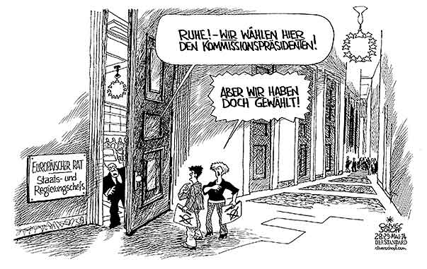 Oliver Schopf, politischer Karikaturist aus Österreich, politische Karikaturen aus Österreich, Karikatur Cartoon Illustrationen Politik Politiker Europa 2014: EU WAHL WAEHLER EUROPAEISCHER RAT GIPFEL VERSCHLOSSENE TUER KOMMISSIONSPRAESIDENT JUNKER SCHULZ GANG 



