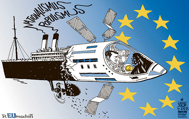 Oliver Schopf, politischer Karikaturist aus Österreich, politische Karikaturen aus Österreich, Karikatur Cartoon Illustrationen Politik Politiker Europa 2018 EU EUROPÄISCHE UNION MERKEL MACRON EURO WÄHRUNG NATIONALISMUS POPULISMUS STERNE WELTRAUM RAUMSCHIFF DAMPFSCHIFF ZERREISSPROBE 













