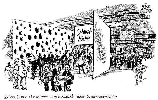 Oliver Schopf, politischer Karikaturist aus Österreich, politische Karikaturen aus Österreich, Karikatur Cartoon Illustrationen Wirtschaft und Finanzen Europa 2014 EU STEUER SCHLUPFLOCH LUXEMBURG LEAKS JUNCKER STEUERPARADIES MESSEHALLE STAND STEUERSPAREN 










   
