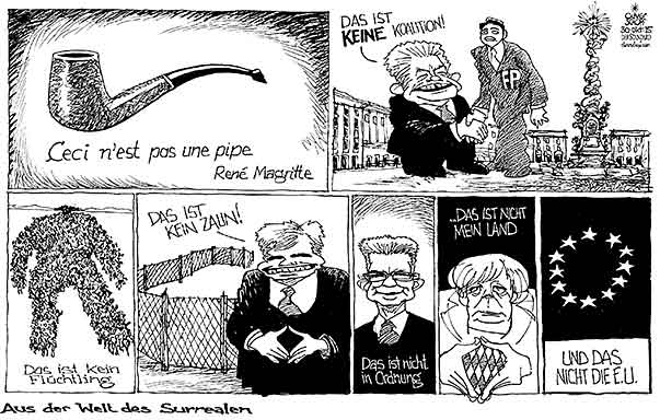 Oliver Schopf, politischer Karikaturist aus Österreich, politische Karikaturen aus Österreich, Karikatur Cartoon Illustrationen Politik Politiker Europa 2015 : EU SURREALISMUS MAGRITTE PIPE PÜHRINGER HAIMBUCHNER FAYMANN DE MAIZIÈRE MERKEL FLÜCHTLINGSKRISE KOALITION GRENZE ZAUN BAYERN

