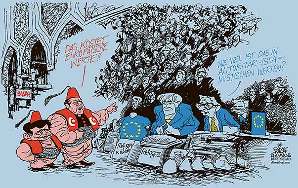  Oliver Schopf, politischer Karikaturist aus Österreich, politische Karikaturen, Illustrationen Archiv politische Karikatur Europa Türkei eu tuerkei 2016 FLÜCHTLINGSKRISE REFUGEES EU TÜRKEI MERKEL JUNCKER FAYMANN ERDOGAN DAVUTOGLU BASAR MENSCHENRECHTE MENSCHENHANDEL WERTE VERKAUFEN 

