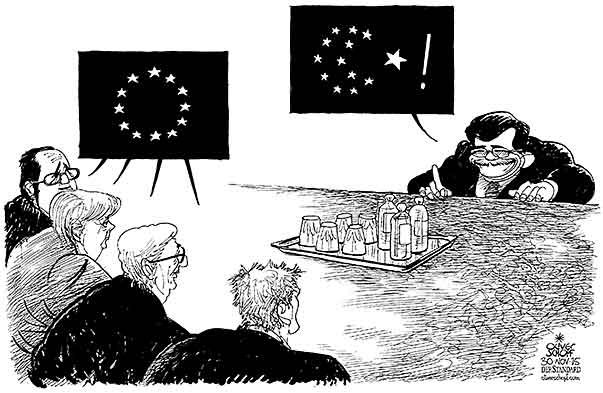 Oliver Schopf, editorial cartoons from Austria, cartoonist from Austria, Austrian illustrations, illustrator from Austria, editorial cartoon politics politician Europe, Cartoon Arts International, New York Times Syndicate, Cagle cartoon 2015 : EU TURKEY SIMMIT MERKEL JUNCKER HOLLANDE TUSK DAVUTOĞLU NEGOTIATIONS FLAG STARS



