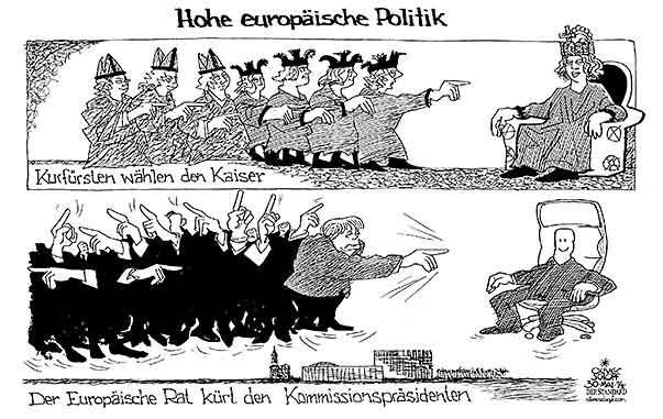  Oliver Schopf, politischer Karikaturist aus Österreich, politische Karikaturen, Illustrationen Archiv politische Karikatur Europa 
2014 EU WAHL EUROPAEISCHER RAT MERKEL KOMMISSIONSPRAESIDENT KURFUERSTEN KAISER WAHL HEILIGES ROEMISCHES REICH DEUTSCHER NATION ABGEHOBEN PARLAMENT STRASSBURG 






