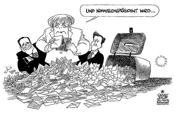 Oliver Schopf, politischer Karikaturist aus Österreich, politische Karikaturen aus Österreich, Karikatur Cartoon Illustrationen Politik Politiker Europa 2014: EU WAHL PARLAMENT WAHLURNE WAEHLERSTIMMEN KUVERT MERKEL HOLLANDE CAMERON KOMMISSIONSPRÄSIDENT



