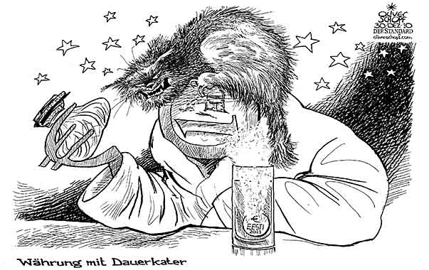 Oliver Schopf, politischer Karikaturist aus Österreich, politische Karikaturen aus Österreich, Karikatur Illustrationen Politik Politiker Europa 2010: euro kater katzenjammer kopfweh muenze estland eisbeutel tablette sterne



 
   