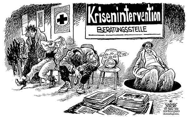 Oliver Schopf, politischer Karikaturist aus Österreich, politische Karikaturen aus Österreich, Karikatur Illustrationen Politik Politiker Europa 2010: euro waehrung krise beratung wartezimmer krisenintervention

 
   