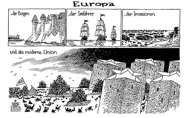 Oliver Schopf, politischer Karikaturist aus Österreich, politische Karikaturen aus Österreich, Karikatur Cartoon Illustrationen Politik Politiker Europa 2014: EU BURGEN SEEFAHRER INVASION OMAHA BEACH ASYL MITTELMEER FLUECHTLINGE BOOTE FESTUNG 



