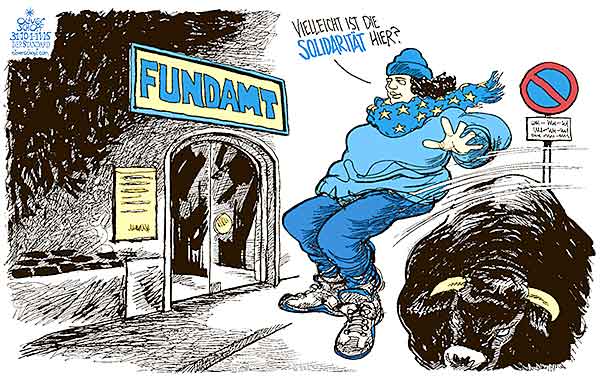 Oliver Schopf, politischer Karikaturist aus Österreich, politische Karikaturen aus Österreich, Karikatur Cartoon Illustrationen Politik Politiker Europa 2015 : EU EUROPA STIER SOLIDARITÄT VERLOREN FUNDAMT FUNDBÜRO FINDEN PARKEN  
