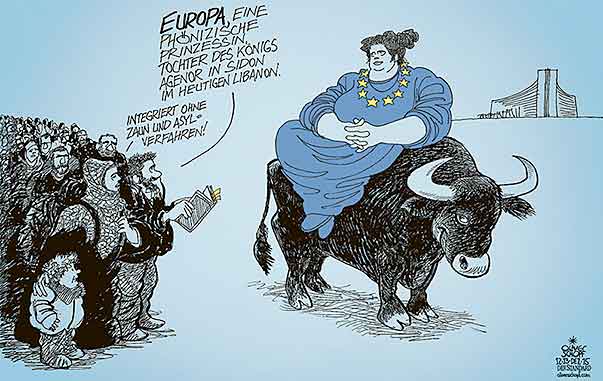 Oliver Schopf, politischer Karikaturist aus Österreich, politische Karikaturen aus Österreich, Karikatur Cartoon Illustrationen Politik Politiker Europa 2015 : EUROPA STIER ZEUS PHÖNIZIEN AGENOR SIDON LIBANON FLÜCHTLING ASYLVERFAHREN ZAUN MIGRATIONSHINTERGUND INTEGRATION EU KOMMISSION







