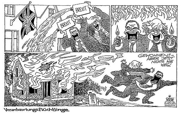 Oliver Schopf, politischer Karikaturist aus Österreich, politische Karikaturen aus Österreich, Karikatur Cartoon Illustrationen Politik Politiker Europa 2016 : BREXIT GROSSBRITANNIEN NIGEL FARAGE BORIS JOHNSON ZÜNDELN BRANDSTIFTER FEUER BRANDBESCHLEUNIGER ÖL INS FEUER GIESSEN VERANTWORTUNG FLÜCHTLINGE







