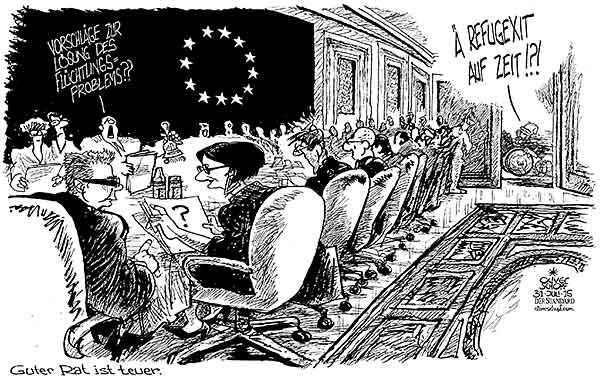 Oliver Schopf, politischer Karikaturist aus Österreich, politische Karikaturen aus Österreich, Karikatur Cartoon Illustrationen Politik Politiker Europa 2015 EU FLUECHTLINGE ASYL MIGRATION INNENMINISTER RAT FLUECHTLINGSPROBLEM LOESUNG SCHAEUBLE GREXIT THOMAS DE MAIZIERE MIKL-LEITNER
