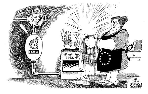 Oliver Schopf, politischer Karikaturist aus Österreich, politische Karikaturen aus Österreich, Karikatur Cartoon Illustrationen Politik Politiker Europa 2014: UKRAINE RUSSLAND EU GAZPROM PUTIN KRISENHERD KOCHEN FLAMMEN ENERGIE GASZAEHLER GASLEITUNG 



