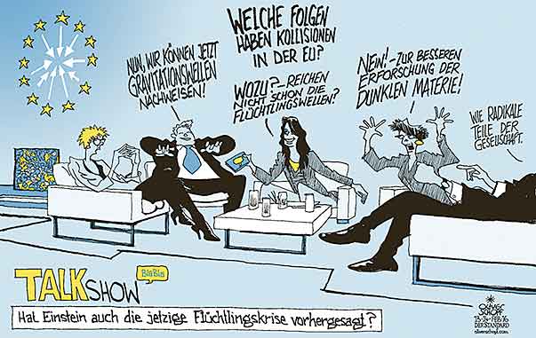 Oliver Schopf, politischer Karikaturist aus Österreich, politische Karikaturen aus Österreich, Karikatur Cartoon Illustrationen Politik Politiker Europa 2016 : EU STERNE FLÜCHTLINGSKRISE TALKSHOW ANNE WILL SANDRA MEISCHBERGER MAYBRIT ILLNER PHOENIXRUNDE EINSTEIN GRAVITATIONSWELLEN DUNKLE MATERIE RADIKALE






