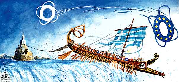Oliver Schopf, politischer Karikaturist aus Österreich, politische Karikaturen aus Österreich, Karikatur Illustrationen Politik Politiker Europa 2010: griechenland bankrott galeere eu iwf wasserfall kante retten