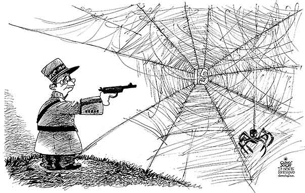 Oliver Schopf, politischer Karikaturist aus Österreich, politische Karikaturen aus Österreich, Karikatur Cartoon Illustrationen Politik Politiker Europa 2015 : TERROR IS PARIS FRANKREICH FRANCOIS HOLLANDE KRIEG GENERAL MILITÄR NETZ SPINNE NETZWERK SCHIESSEN


