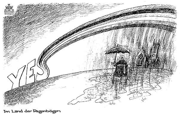 Oliver Schopf, politischer Karikaturist aus Österreich, politische Karikaturen aus Österreich, Karikatur Cartoon Illustrationen Politik Politiker Europa 2015 IRLAND HOMOEHE REFERENDUM YES KATHOLISCHE KIRCHE REGENBOGEN IM REGEN STEHEN 





