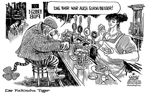 Oliver Schopf, politischer Karikaturist aus Österreich, politische Karikaturen aus Österreich, Karikatur Illustrationen Politik Politiker Europa 2010: irland keltischer tiger pub bier euro trinken

 
   