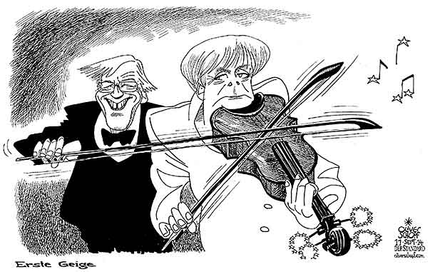 Oliver Schopf, politischer Karikaturist aus Österreich, politische Karikaturen aus Österreich, Karikatur Cartoon Illustrationen Politik Politiker Europa 2014: EU KOMMISSION PRAESIDENT JEAN CLAUDE JUNCKER ANGELA MERKEL ERSTE GEIGE VIOLINE MUSIK  

