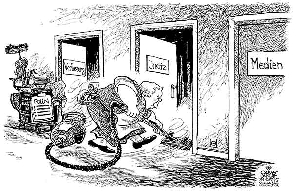 Oliver Schopf, politischer Karikaturist aus Österreich, politische Karikaturen, Illustrationen Archiv politische Karikatur Europa Polen
2015 POLEN JAROSLAW KACZYNSKI PIS PUTZFRAU RAUMPFLEGERIN SÄUBERN PUTZEN AUFRÄUMEN STAUBSAUGEN REINIGEN VERFASSUNG JUSTIZ MEDIEN 

