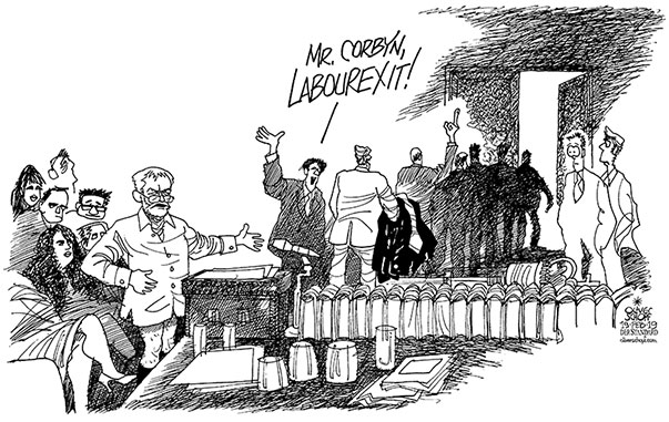 Oliver Schopf, editorial cartoons from Austria, cartoonist from Austria, Austrian illustrations, illustrator from Austria, editorial cartoon politics politician Europe, Cartoon Arts International, New York Times Syndicate, Cagle cartoon 2019 GREAT BRITAIN LABOUR PARTY CORBYN PARLIAMENT HOUSE OF COMMONS BREXIT CLOTHES SEPERATION SECESSION 

