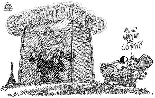 Oliver Schopf, politischer Karikaturist aus Österreich, politische Karikaturen aus Österreich, Karikatur Cartoon Illustrationen Politik Politiker Europa 2015 : FRANKREICH REGIONALWAHLEN MARINE LE PEN FRONT NATIONAL HOLLANDE SARKOZY ZAUN WIR SCHAFFEN DAS FLÜCHTLINGE 




