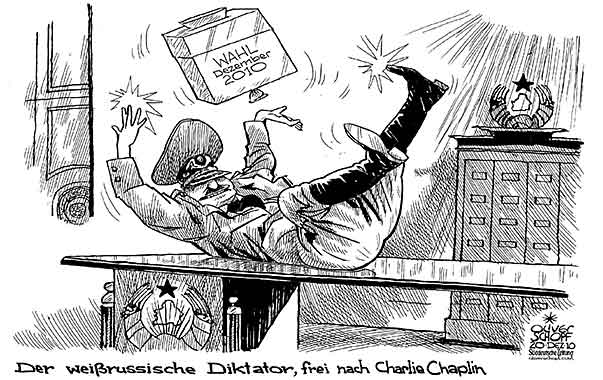 Oliver Schopf, politischer Karikaturist aus Österreich, politische Karikaturen aus Österreich, Karikatur Illustrationen Politik Politiker Europa 2010: weissrussland lukaschenko wahl chaplin der grosse diktator

 
   