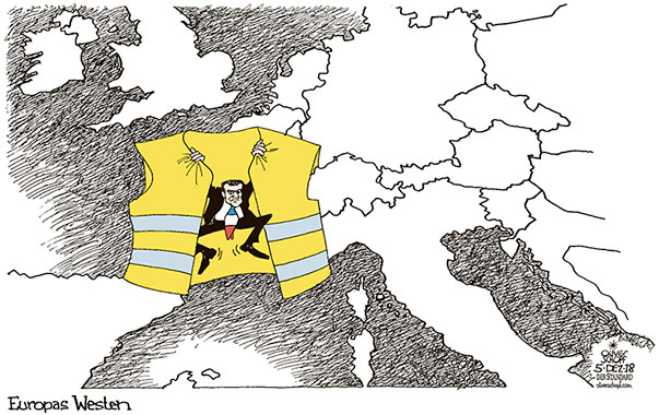 Oliver Schopf, politischer Karikaturist aus Österreich, politische Karikaturen aus Österreich, Karikatur Cartoon Illustrationen Politik Politiker Europa 2018 FRANKREICH GELBWESTEN DEMONSTRATIONEN AUSSCHREITUNGEN MACRON WESTEUROPA LANDKARTE 
