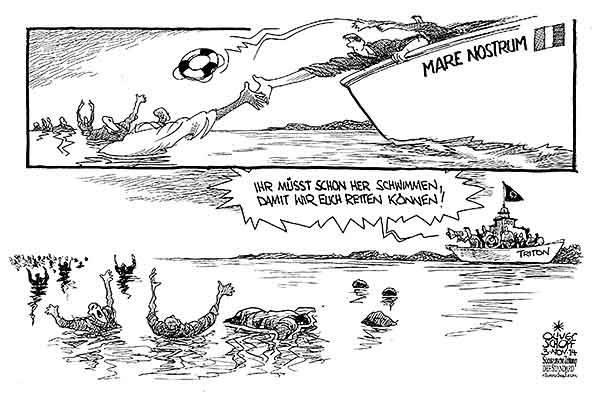 Oliver Schopf, politischer Karikaturist aus Österreich, politische Karikaturen aus Österreich, Karikatur Cartoon Illustrationen Politik Politiker Europa 2014: EU ITALIEN NFLUECHTLINGE MITTELMEER MARE NOSTRUM TRITON ERTRINKEN SCHWIMMEN RETTEN RETTUNGSRING 



