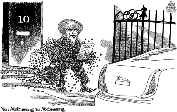 Oliver Schopf, politischer Karikaturist aus Österreich, politische Karikaturen aus Österreich, Karikatur Cartoon Illustrationen Politik Politiker Europa 2019 GROSSBRITANNIEN THERESA MAY ABSTIMMUNGEN BREXIT DOWINGSTREET 10 ZERBRÖSELN 
