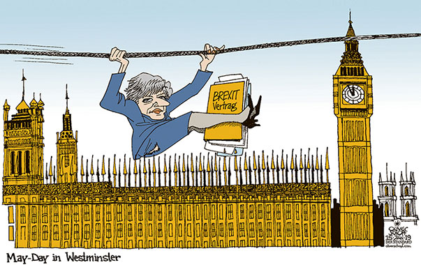 Oliver Schopf, editorial cartoons from Austria, cartoonist from Austria, Austrian illustrations, illustrator from Austria, editorial cartoon politics politician Europe, Cartoon Arts International, New York Times Syndicate, Cagle cartoon 2019 BREXIT GREAT BRITAIN THERESA MAY VOTES HOUSES OF PARLIAMENT HOUSE OF COMMENS WESTMINSTER DESASTER  
