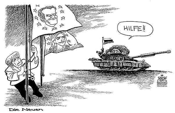 Oliver Schopf, politischer Karikaturist aus Österreich, politische Karikaturen aus Österreich, Karikatur Cartoon Illustrationen Politik Politiker Europa 2014: UKRAINE RUSSLAND PUTIN INVASION FRIEDENSTAUBE OELZWEIG STIEFEL GRENZE UEBERSCHREITEN 

